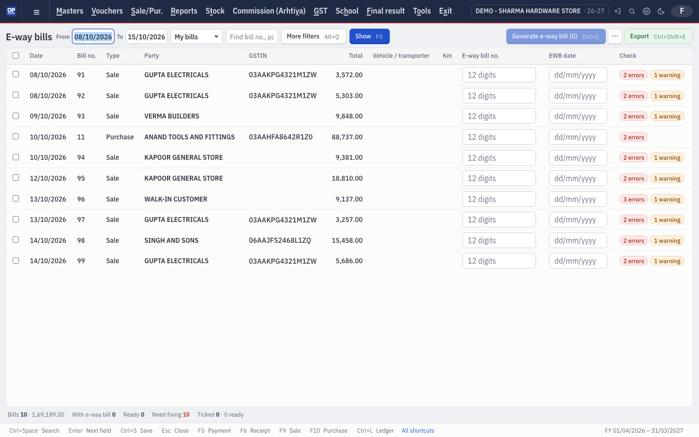 E-invoice and e-way bill details generated from a sale bill