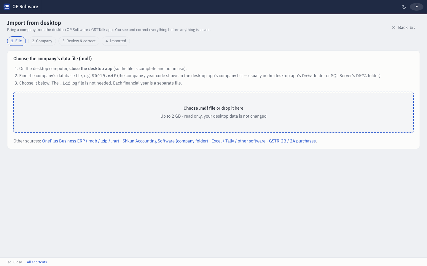 OP Software import screen with steps: file, company, review and correct, imported